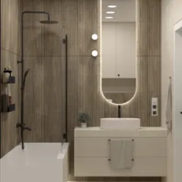 Nowoczesna łazienka z drewnianą okładziną ścienną, podświetlanym lustrem owalnym, białą umywalką nablatową i czarną armaturą.