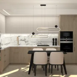 Wizualizacja kuchni z jadalnią w neutralnych barwach, z drewnianymi szafkami, marmurowym blatem i ścianą, czarnym stołem z beżowymi krzesłami oraz nowoczesnymi lampami wiszącymi.