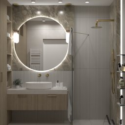 BonnieAM ALEKSANDRA MIKOŁAJCZYK - Wizualizacja łazienki z okrągłym lustrem z podświetleniem LED, umywalką nablatową, złotą armaturą i kabiną prysznicową ze szklaną ścianką. Widoczne półki z kosmetykami i szafka pod umywalką...