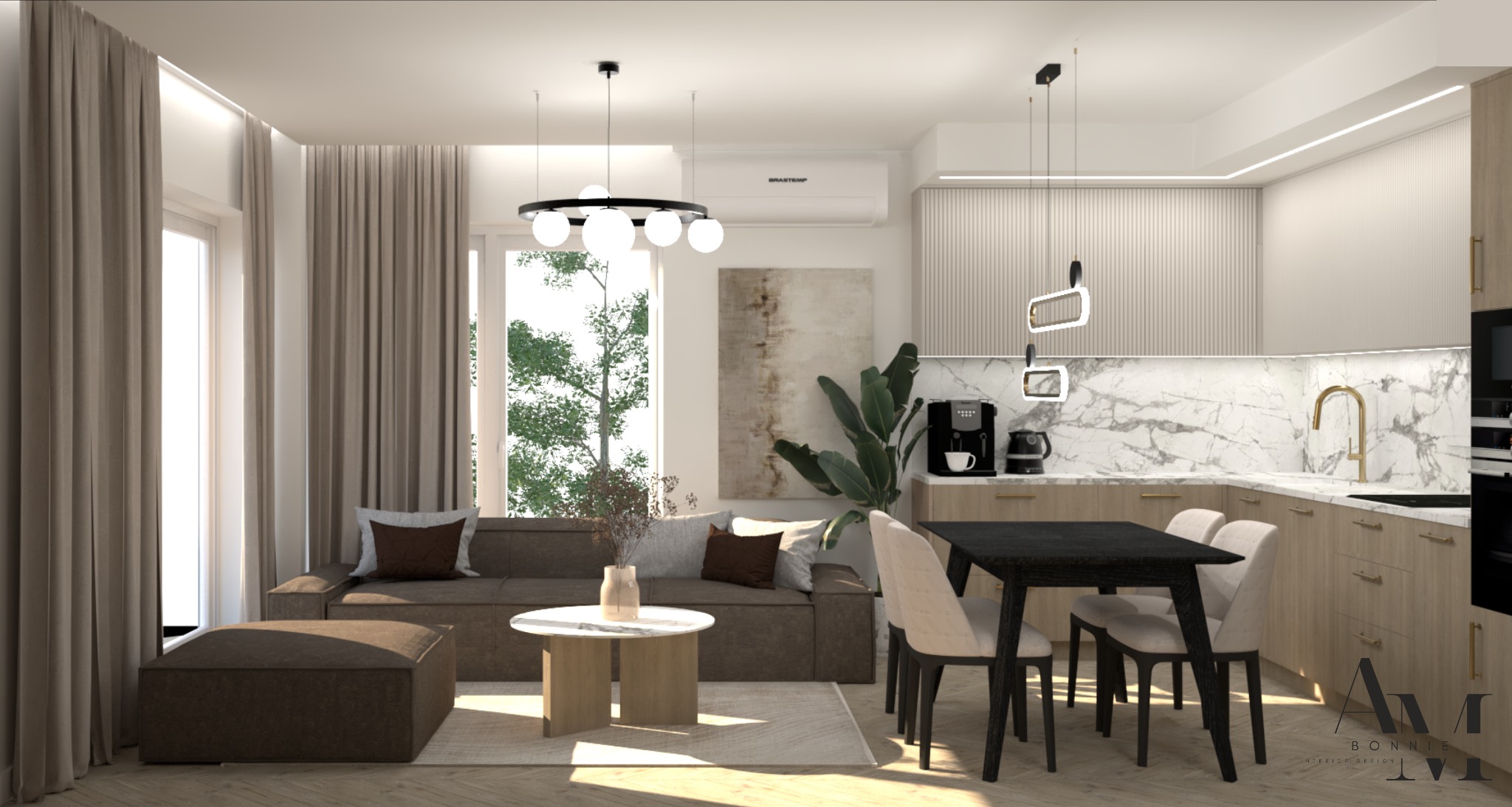 Wnętrze mieszkania z otwartą kuchnią i salonem w ciepłych beżach i brązach, z marmurowym blatem i złotą armaturą w kuchni, oraz brązową sofą i pufą w salonie.