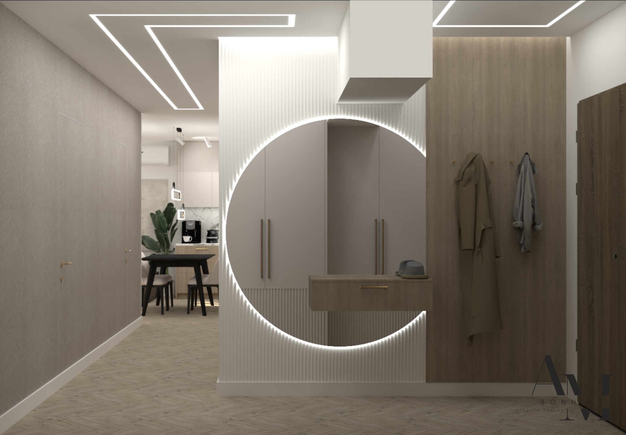 Wizualizacja przedpokoju z okrągłym lustrem podświetlonym LED, szafą w zabudowie i wieszakami na ubrania, widok na jadalnię z elementami roślinnymi.