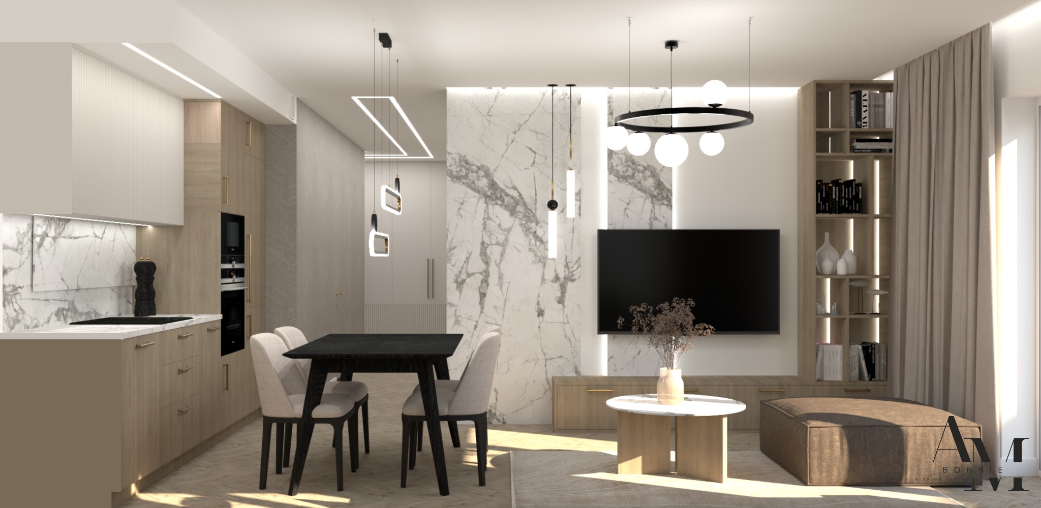 Wizualizacja jasnego wnętrza z otwartą kuchnią, jadalnią i salonem, akcentowana marmurową ścianą, nowoczesnym oświetleniem i drewnianymi meblami.