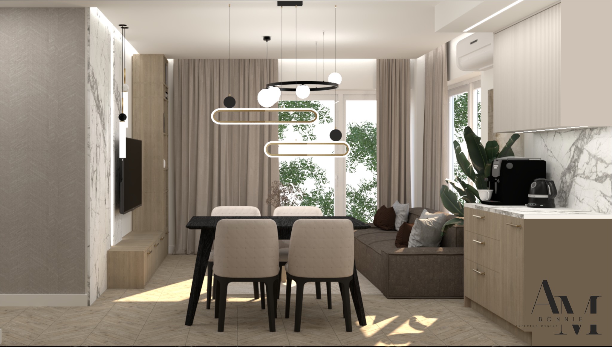 Wizualizacja salonu z aneksem kuchennym: stół z krzesłami, sofa z poduszkami, zabudowa kuchenna z ekspresem do kawy, designerskie lampy wiszące, parkiet w jodełkę, marmurowe wykończenia ścian.