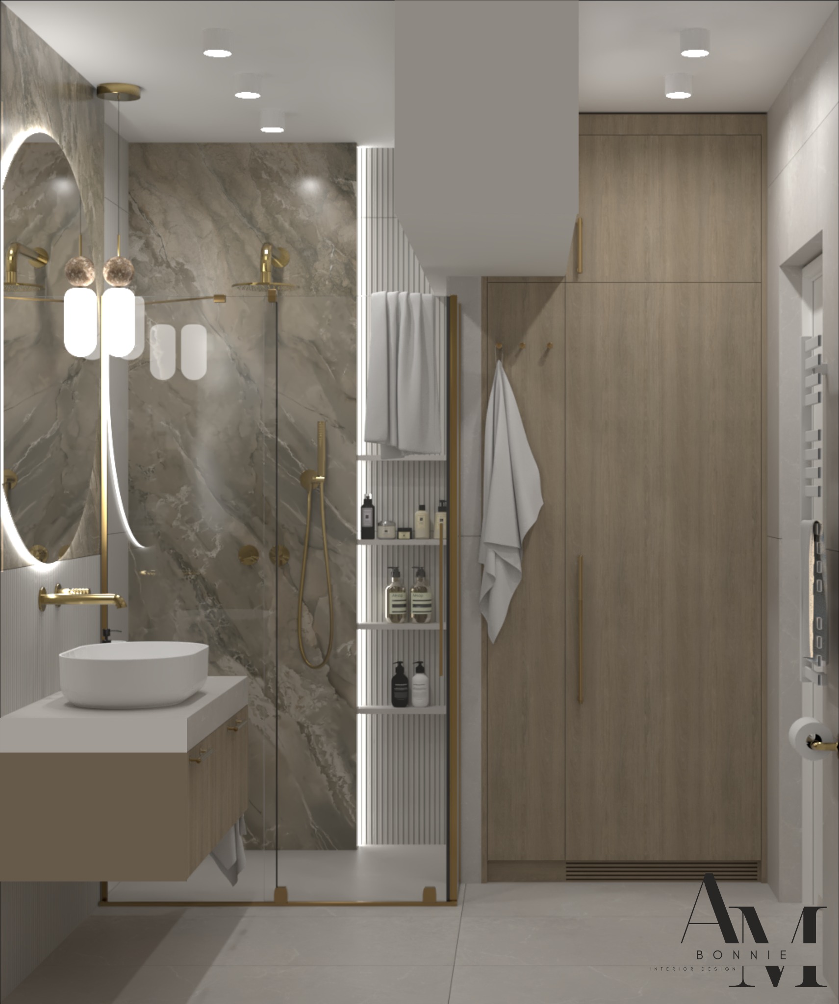 Wizualizacja nowoczesnej łazienki z marmurową ścianą prysznicową, okrągłym lustrem z podświetleniem LED, białą umywalką nablatową i drewnianą szafką, uzupełniona złotymi akcentami...