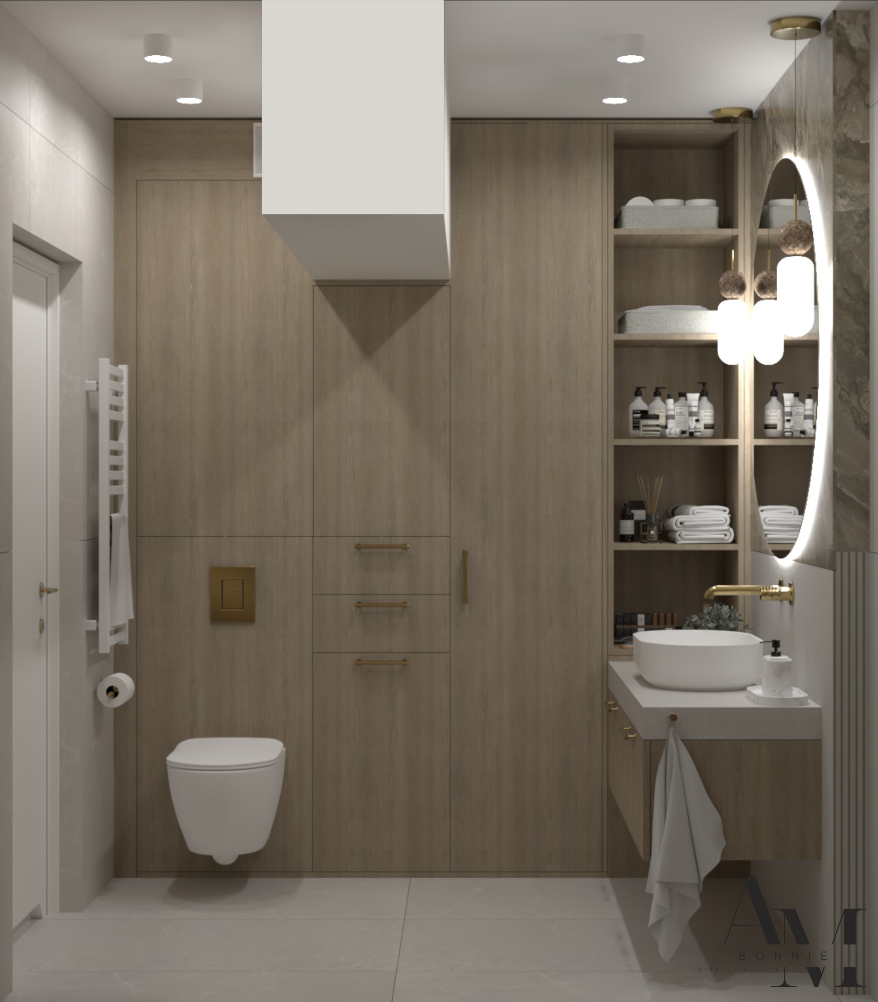 Wizualizacja nowoczesnej łazienki z drewnianymi szafkami, podwieszaną toaletą, umywalką nablatową i okrągłym lustrem z podświetleniem LED, akcentami w kolorze złotym oraz grzejnikiem drabinkowym.