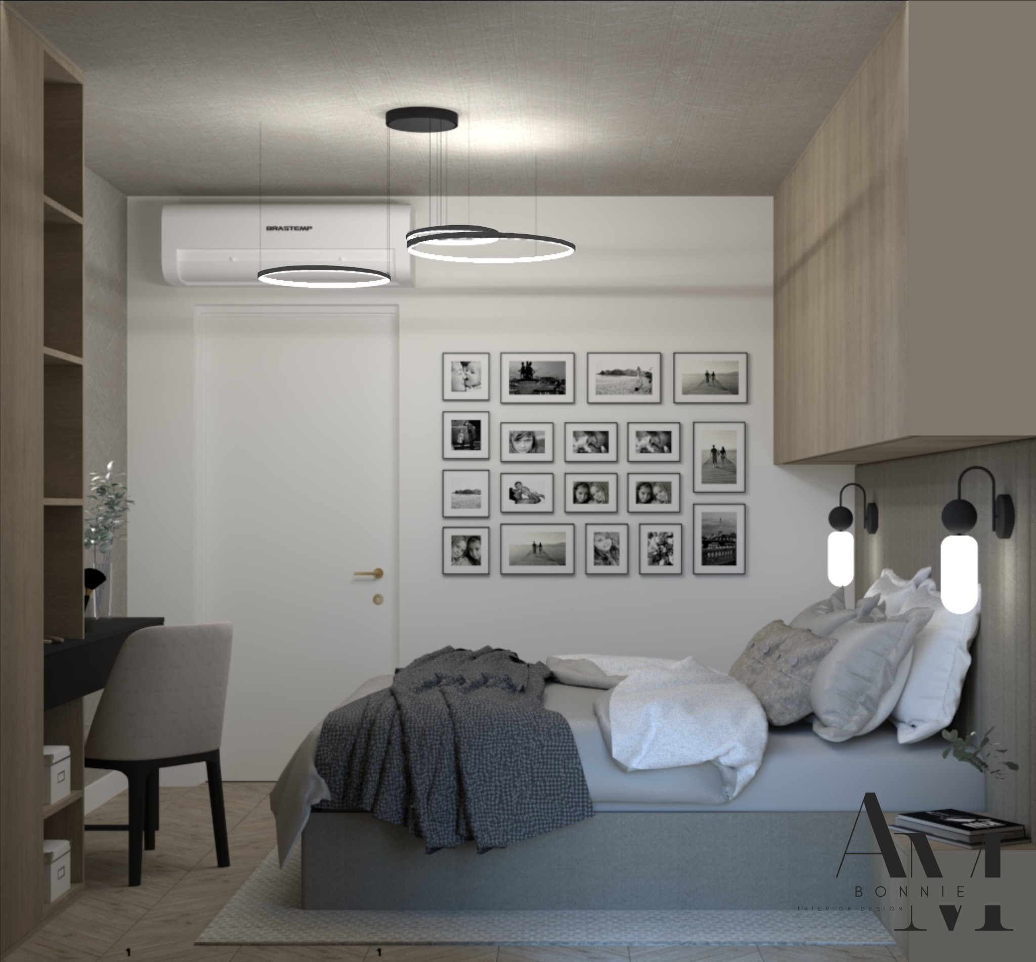 Wizualizacja sypialni z łóżkiem, biurkiem i galerią czarno-białych zdjęć na ścianie, oświetlona wiszącymi lampami pierścieniowymi i kinkietami przy łóżku, z klimatyzatorem nad drzwiami.