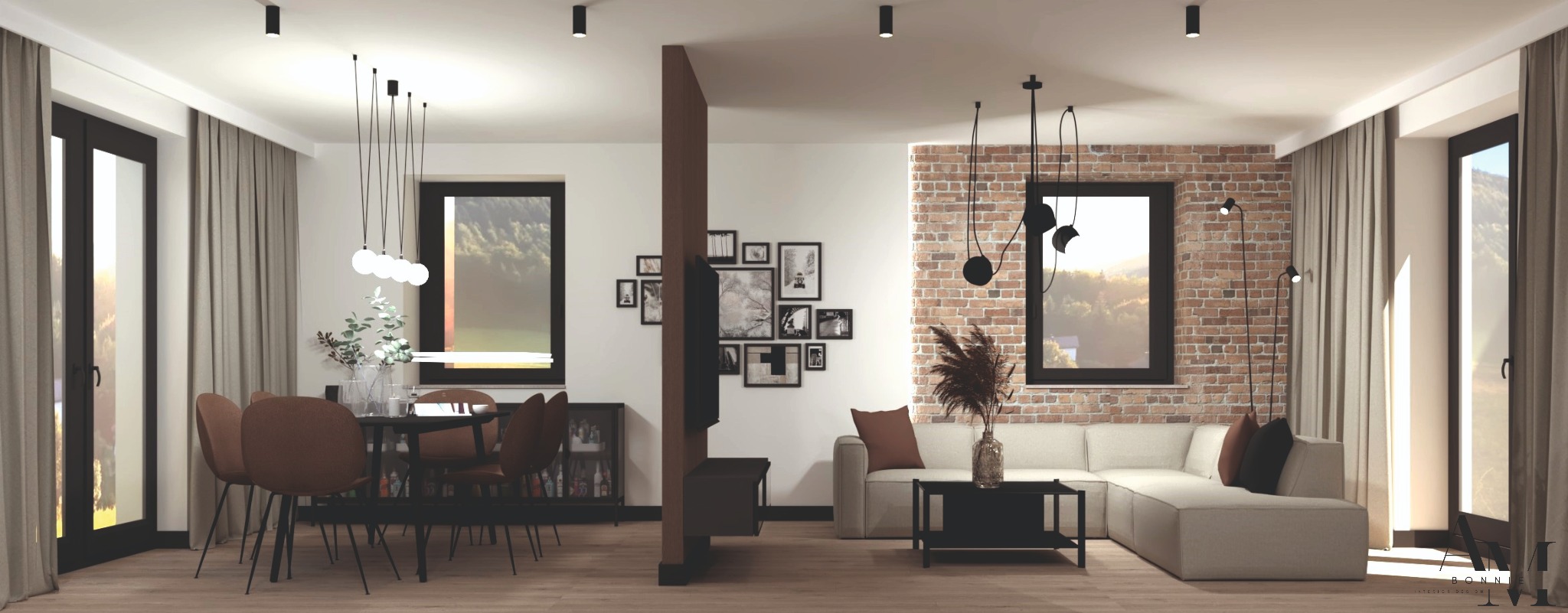 Wizualizacja dwuczęściowego salonu z jadalnią, oddzielonego drewnianą ścianką z wbudowanym telewizorem i galerią zdjęć, z ceglaną ścianą w tle i nowoczesnym oświetleniem.