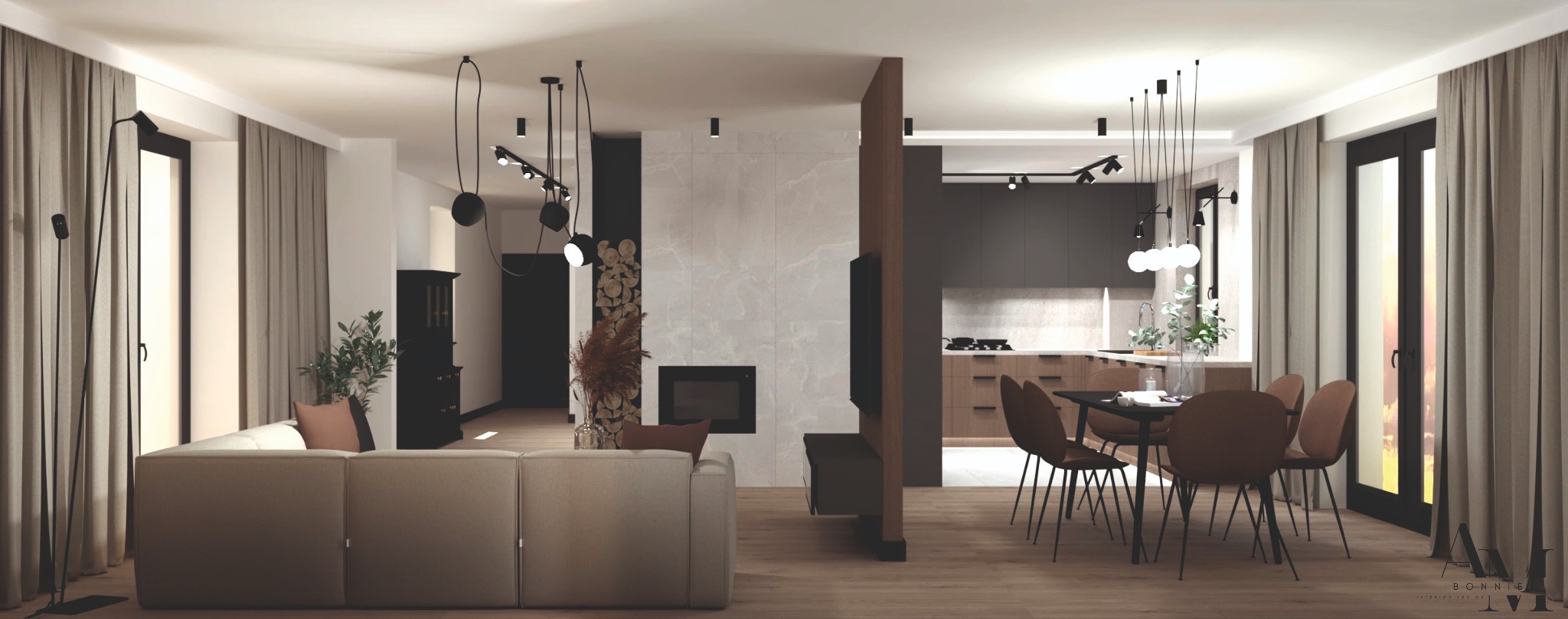 Wnętrze otwartego planu z salonem, jadalnią i kuchnią, oświetlone wiszącymi lampami, z drewnianą podłogą i elementami dekoracyjnymi z drewna opałowego przy kominku.