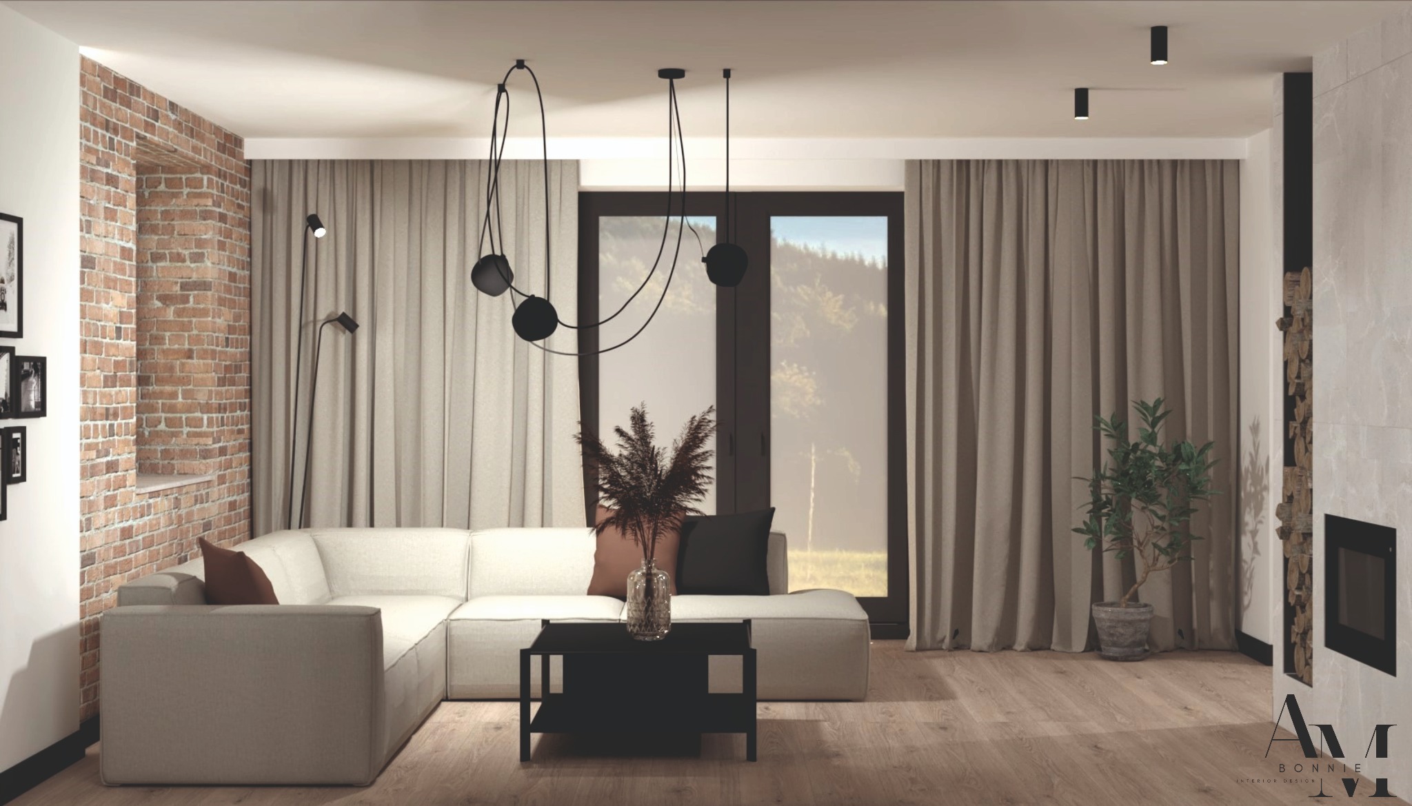 Wizualizacja salonu w Bielsko-Białej z ceglaną ścianą, narożną sofą, czarnym stolikiem kawowym i designerską lampą wiszącą na tle okna z widokiem na las.