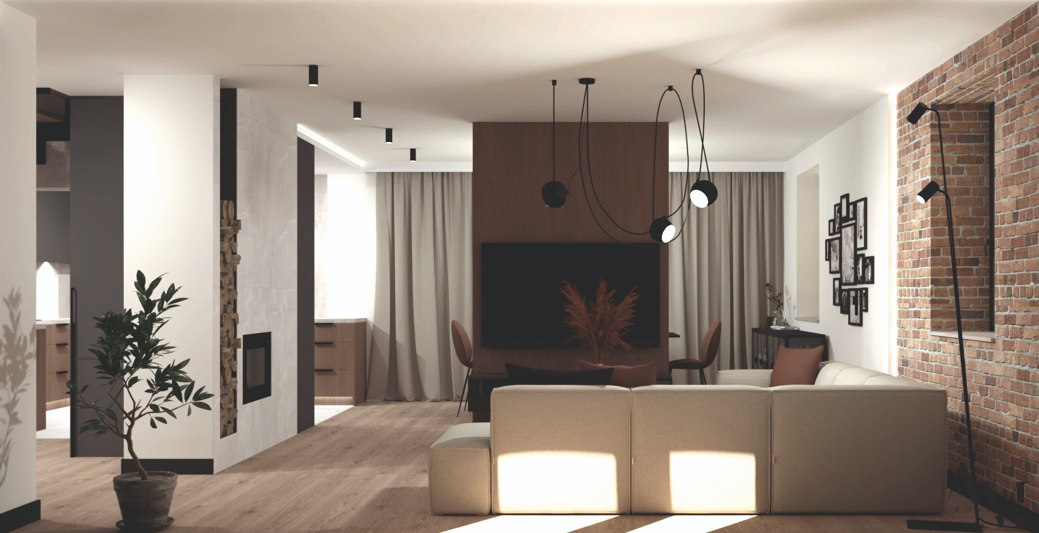 Jasny salon z ceglaną ścianą, beżową sofą modułową, wiszącymi lampami kulami i dekoracyjnym kominkiem z drewnem.