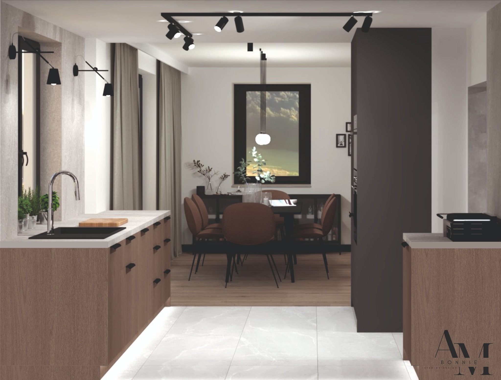 Wizualizacja wnętrza: kuchnia z wyspą i jadalnią, drewniane fronty szafek z czarnymi uchwytami, marmurowa podłoga, stół z brązowymi krzesłami, oświetlenie szynowe i wiszące, okno z widokiem na zieleń.