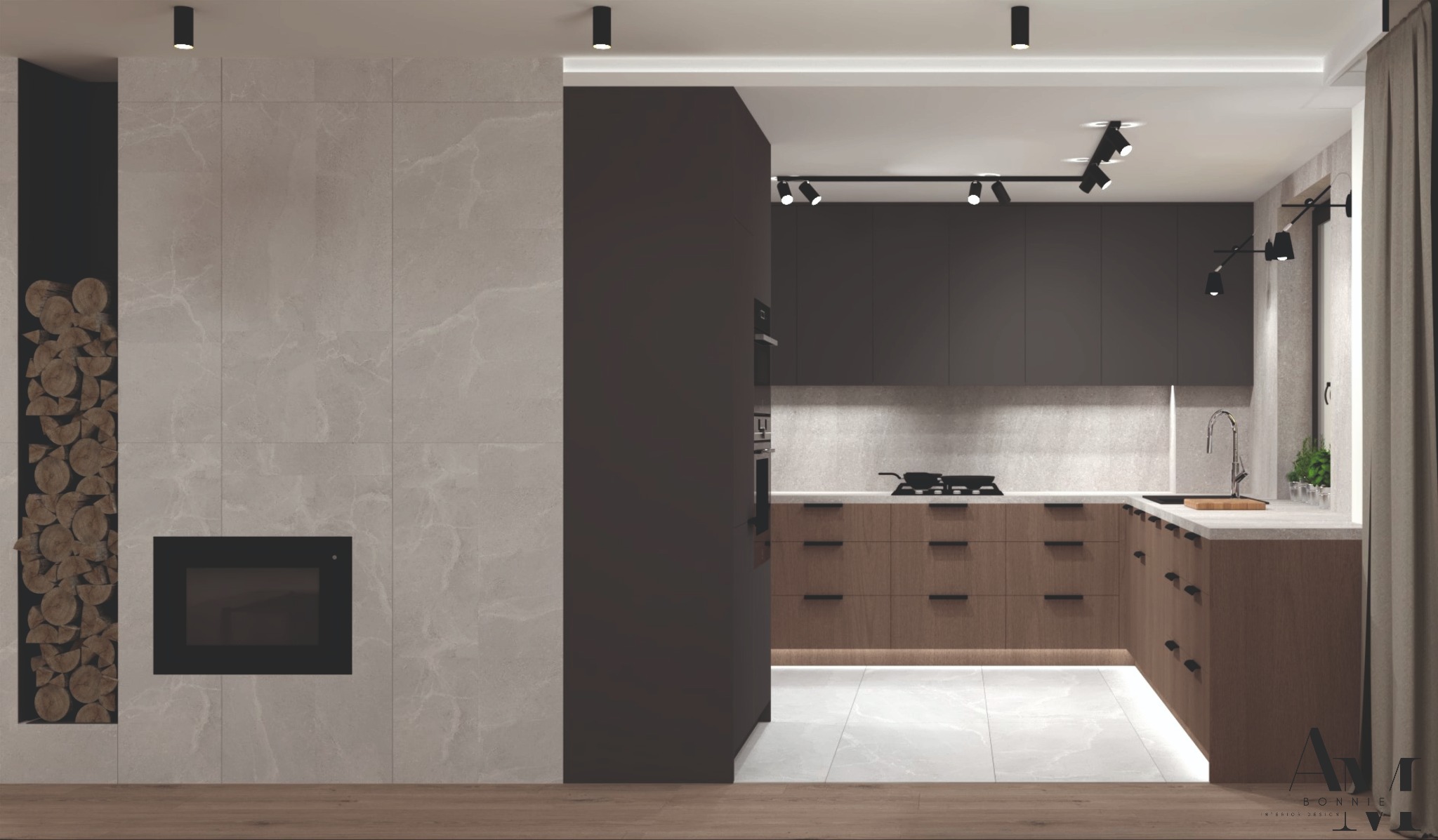 Nowoczesna kuchnia z ciemnymi, gładkimi szafkami górnymi i drewnopodobnymi szafkami dolnymi, oświetleniem punktowym i ścianą z imitacji marmuru z kominkiem i drewnem opałowym.