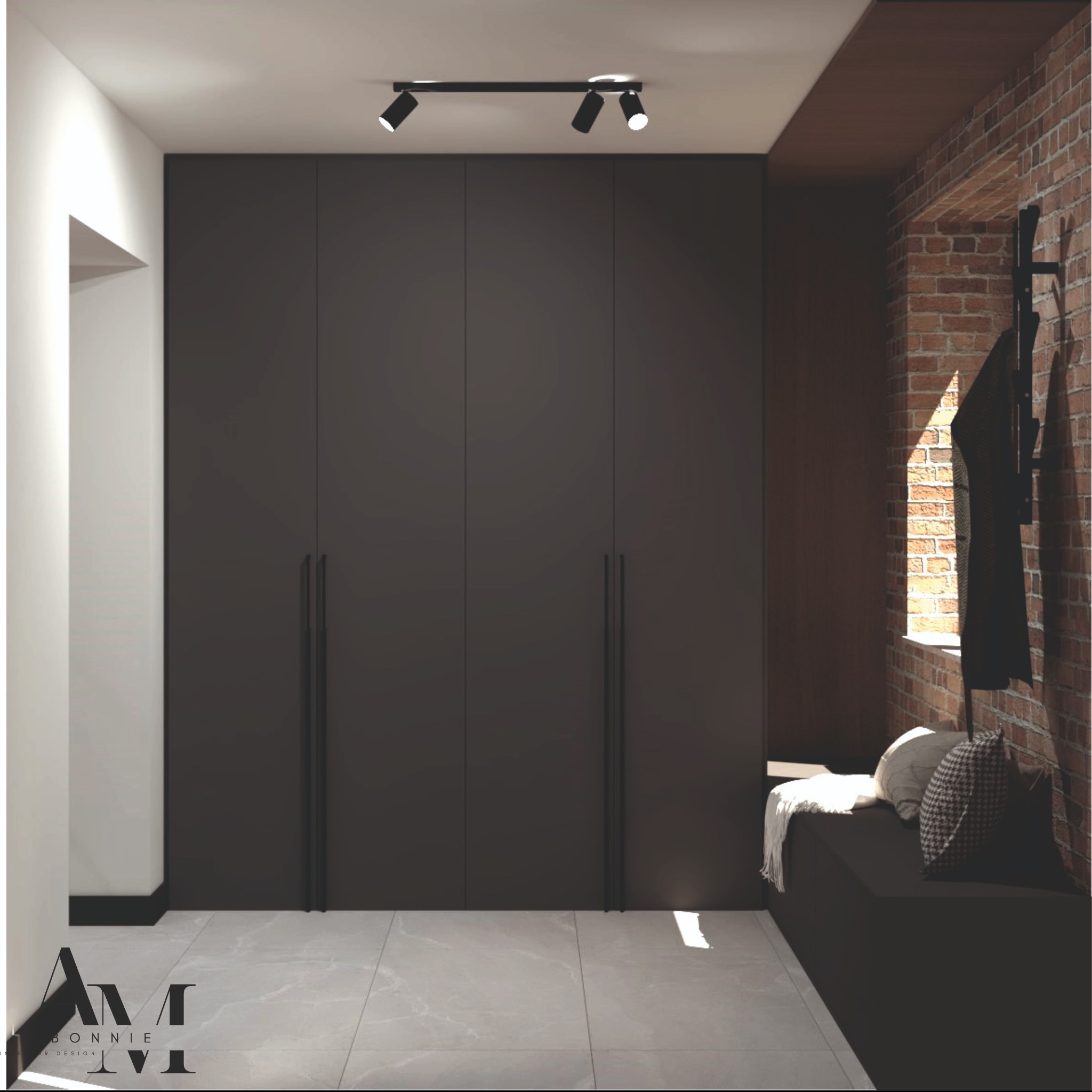 Nowoczesny przedpokój z dużą szafą w zabudowie, siedziskiem z poduszkami przy ceglanej ścianie i oświetleniem punktowym.