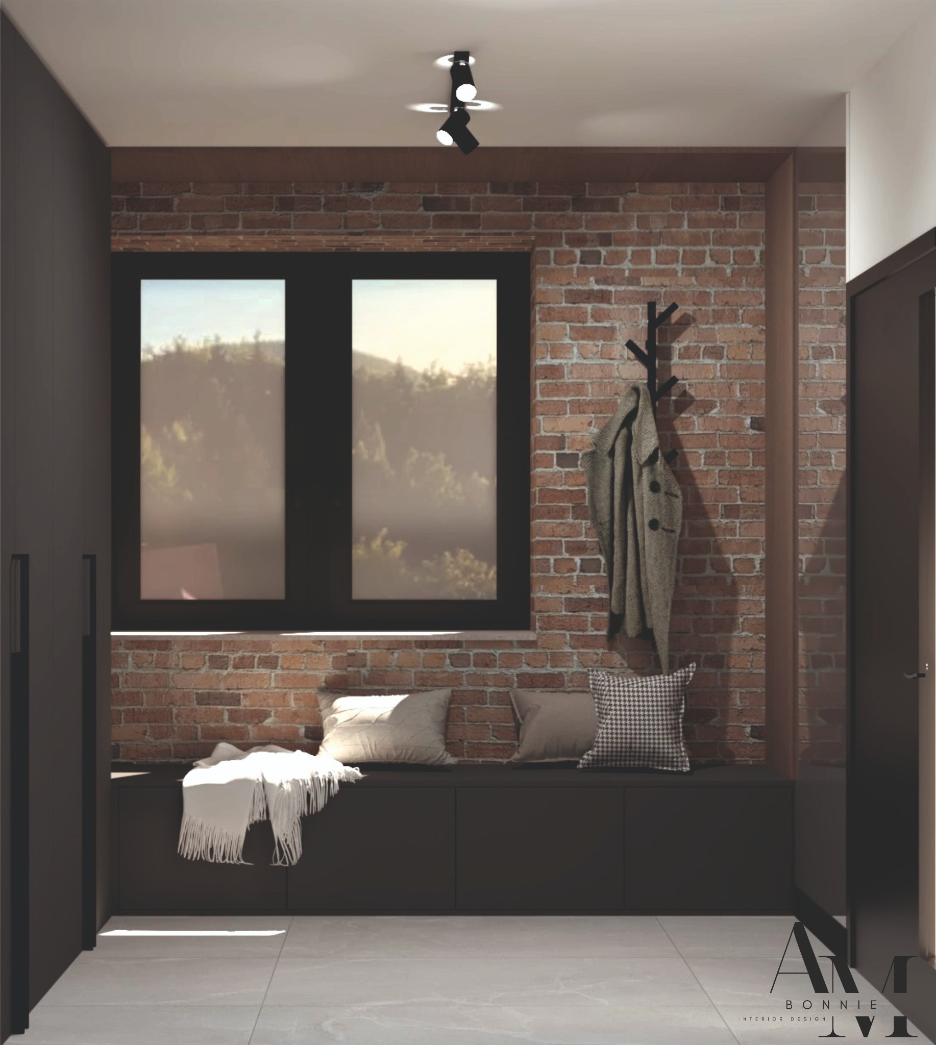Przedpokój z ceglaną ścianą, czarnym oknem z widokiem na zieleń, siedziskiem z poduszkami i pledem oraz wieszakiem z płaszczem.