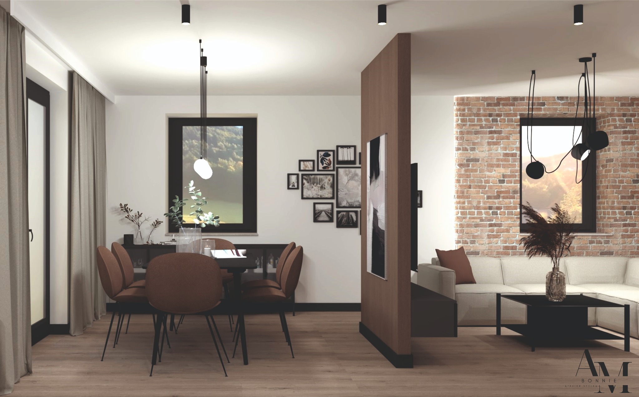 Nowoczesne wnętrze mieszkania z ceglaną ścianą, jadalnią z brązowymi krzesłami i minimalistycznym oświetleniem, oddzielone drewnianą ścianką działową.
