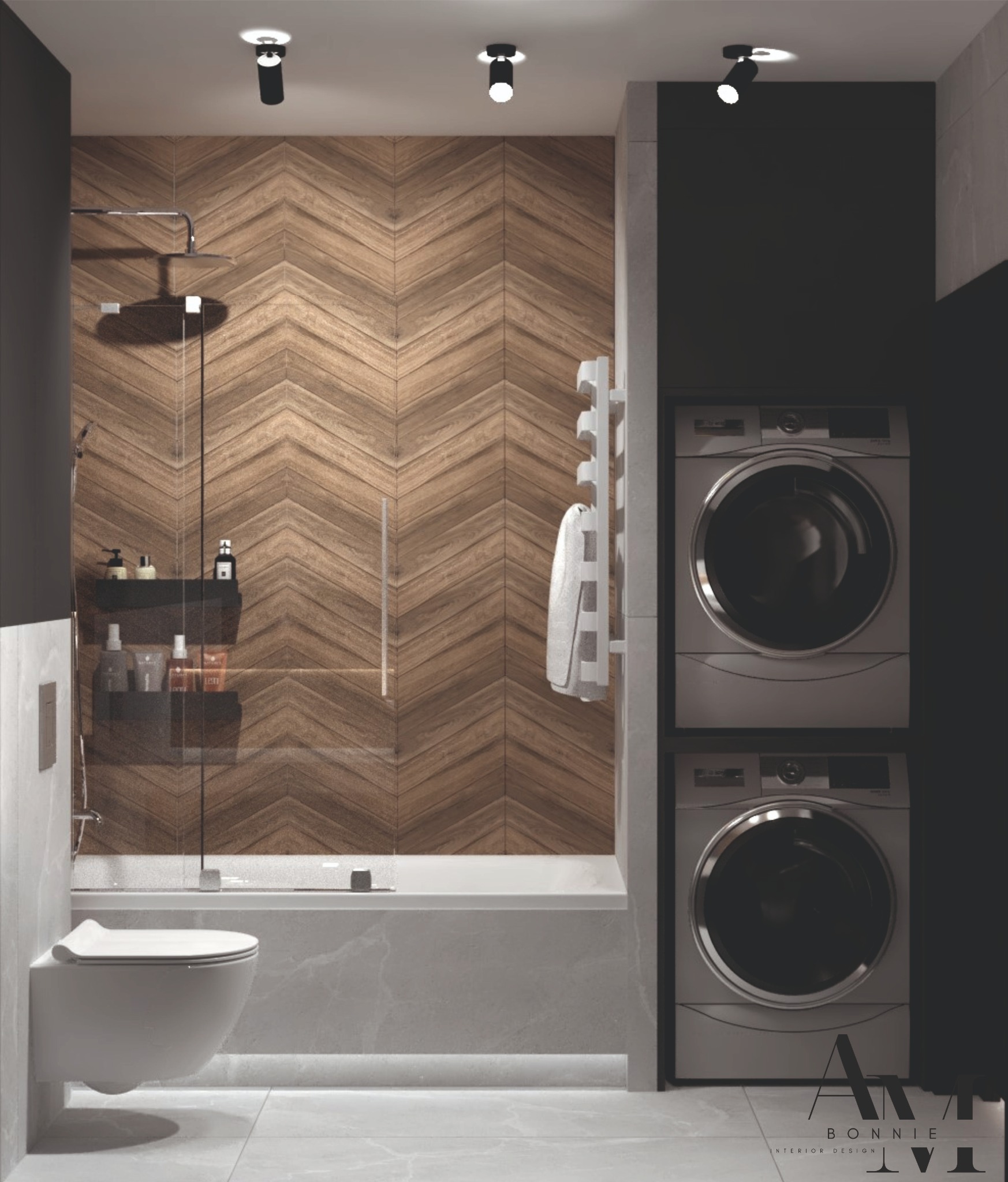 Nowoczesna łazienka z drewnianą ścianą w jodełkę, szklanym panelem prysznicowym, podwieszaną toaletą, grzejnikiem drabinkowym z ręcznikiem i pralką w zabudowie, oświetlona punktowymi lampami.