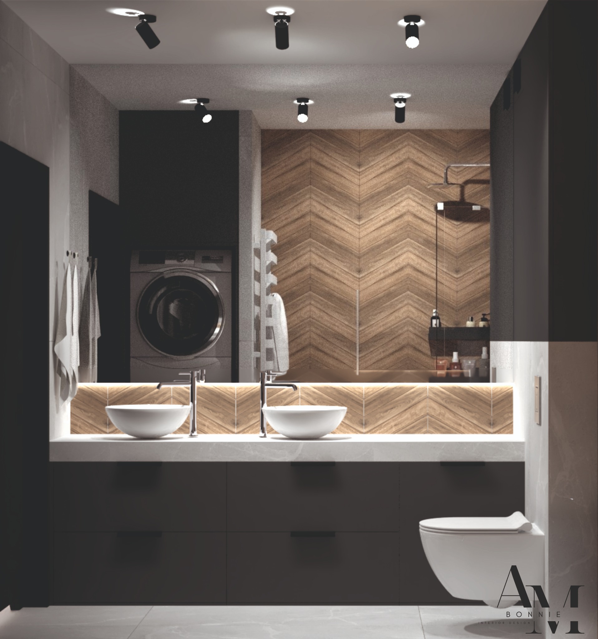 Nowoczesna łazienka z drewnianą ścianą w jodełkę, dwiema okrągłymi umywalkami nablatowymi, czarnymi szafkami pod umywalką, podwieszaną toaletą i pralką w tle.