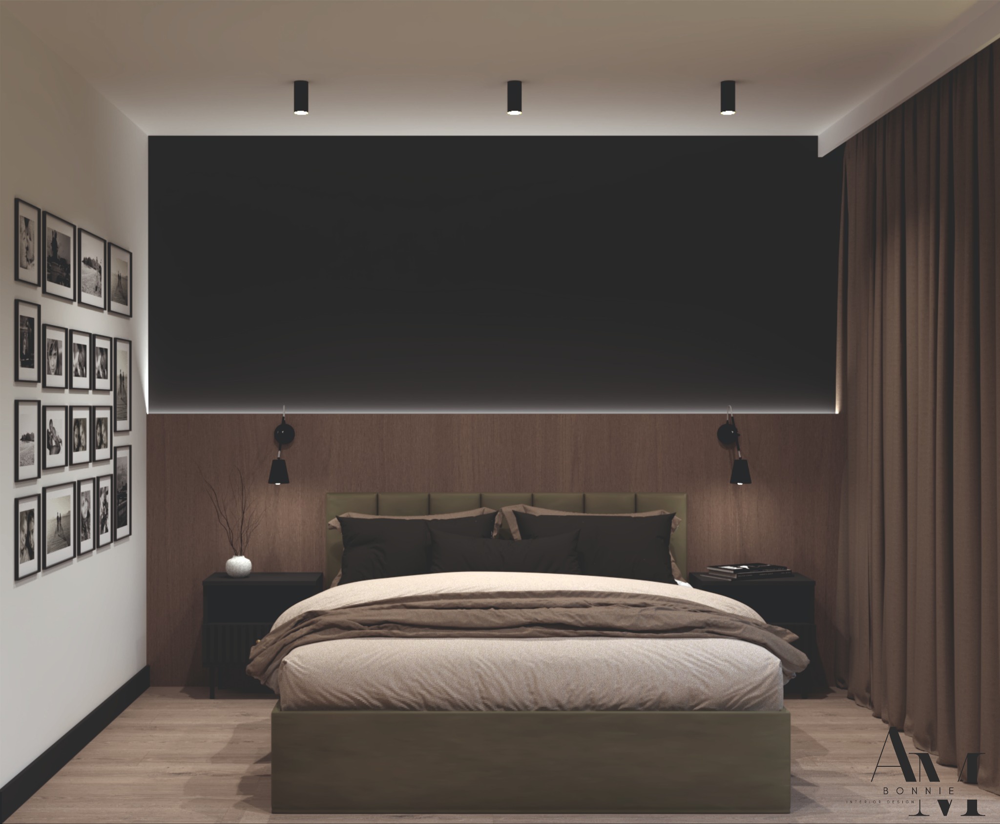 Nowoczesna sypialnia z czarną ścianą za łóżkiem, oświetleniem punktowym, galerią czarno-białych zdjęć na ścianie i drewnianą boazerią.