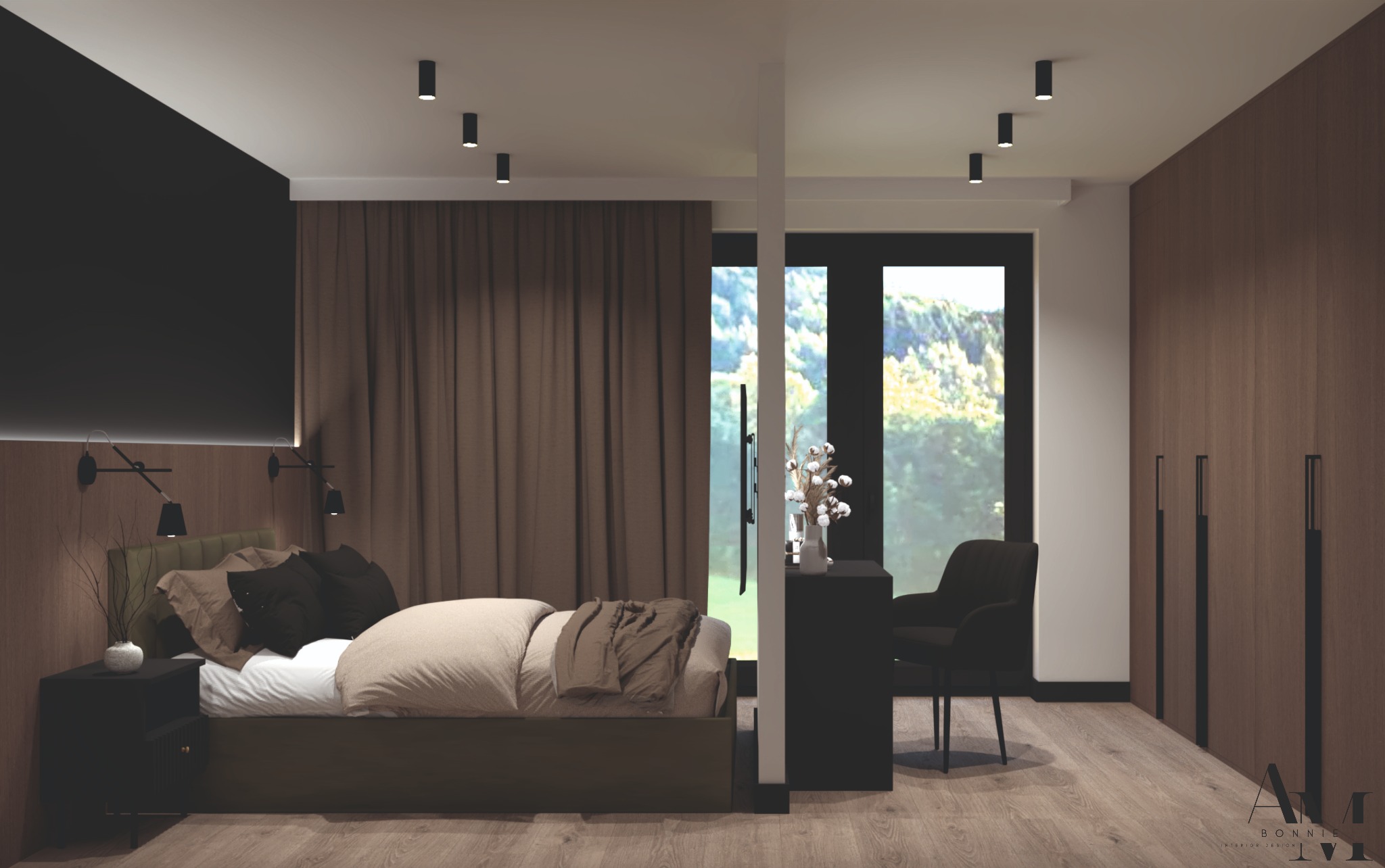 Nowoczesna sypialnia z łóżkiem, biurkiem i dużym oknem z widokiem na zieleń, oświetlona punktowymi lampami sufitowymi i lampkami nocnymi ściennymi.