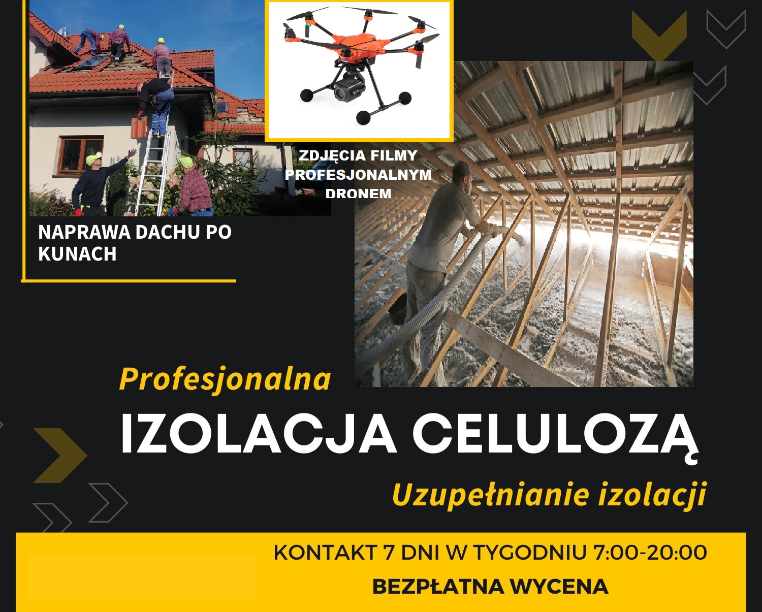 Pracownik w kombinezonie aplikuje izolację celulozową w przestrzeni poddasza, widoczne drewniane elementy konstrukcyjne dachu i warstwa izolacji. W tle reklama firmy oferującej naprawę dachu po...