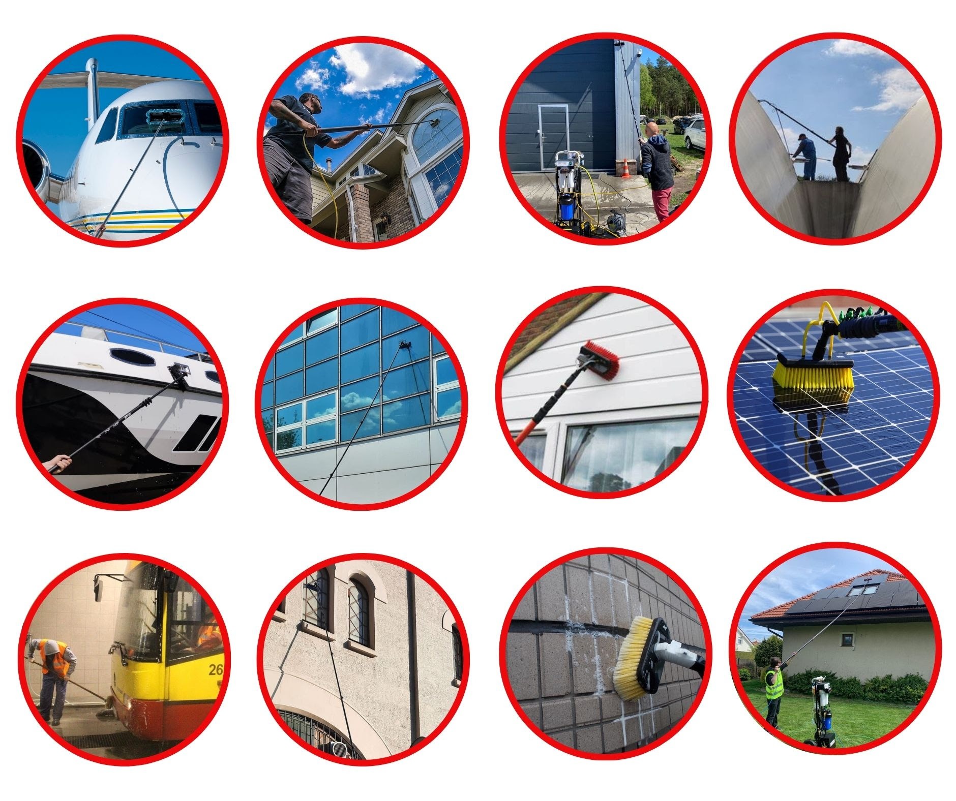 Kolaż zdjęć przedstawiających różne powierzchnie czyszczone za pomocą teleskopowych szczotek: samolot, dom, budynek, łódź, autobus, panele solarne i inne.