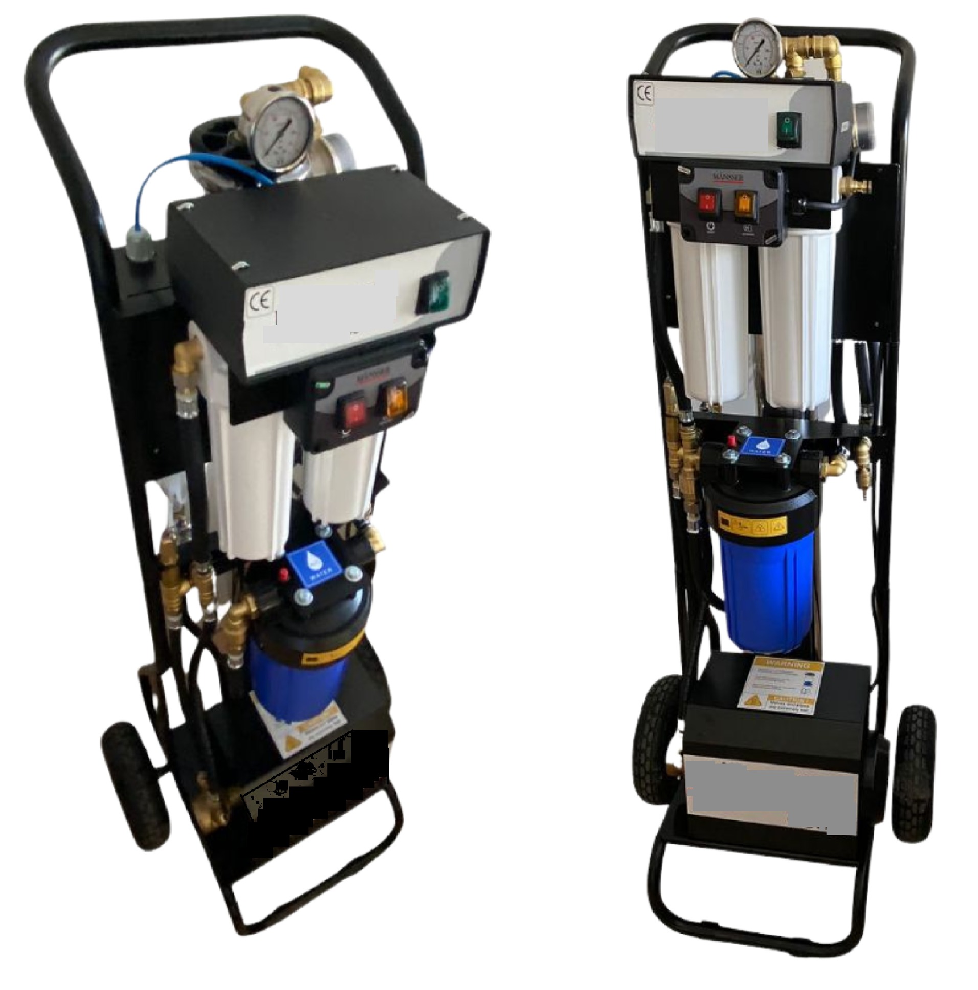 Mobilne urządzenie do filtracji wody z manometrem, filtrami i niebieskim zbiornikiem, umieszczone na wózku z kółkami.