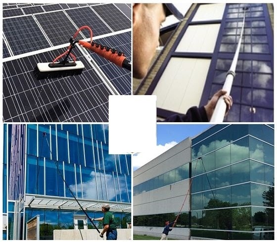Kompozycja zdjęć przedstawiająca czyszczenie paneli słonecznych i szklanych elewacji budynków za pomocą teleskopowych szczotek na wysięgnikach.