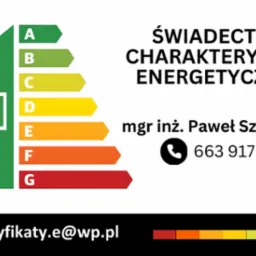 Grafika przedstawiająca wizualizację świadectwa charakterystyki energetycznej budynku z klasami efektywności energetycznej od A do G, zielony symbol domu z kominem i liściem, dane kontaktowe mgr...