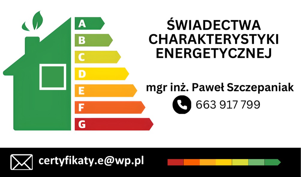 Grafika przedstawiająca wizualizację świadectwa charakterystyki energetycznej budynku z klasami efektywności energetycznej od A do G, zielony symbol domu z kominem i liściem, dane kontaktowe mgr...