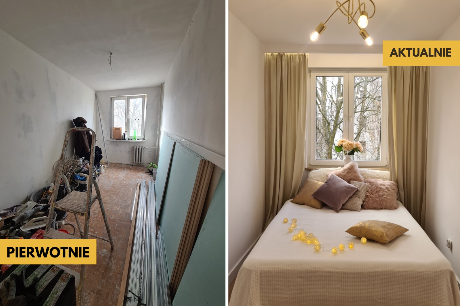 Pokój przed i po remoncie: od surowych ścian z narzędziami do przytulnej sypialni z łóżkiem, zasłonami i lampą. Widoczne płyty gipsowe.