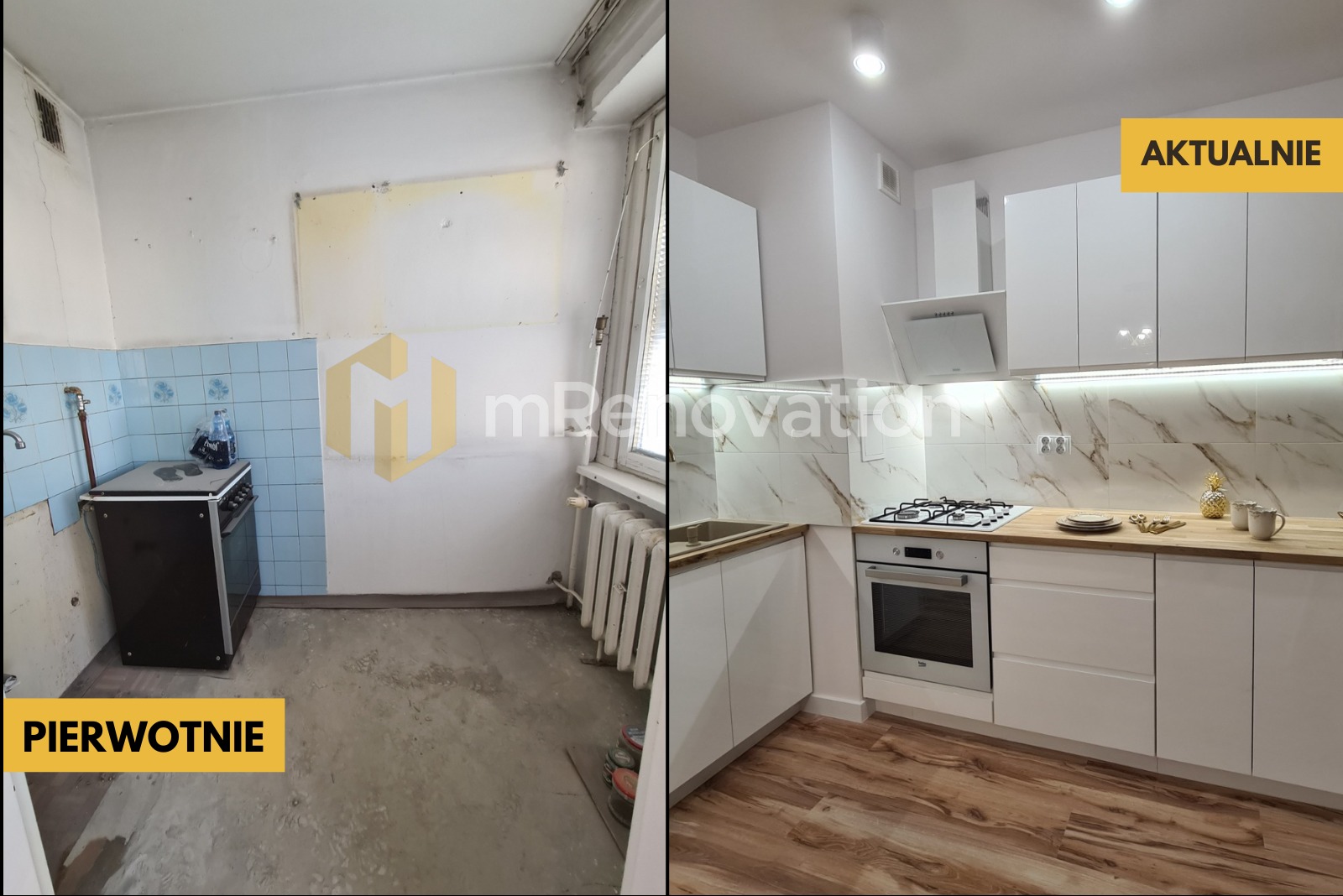 Zdjęcie 'przed i po' remontu kuchni: po lewej zaniedbane wnętrze z niebieskimi kaflami, po prawej nowoczesna kuchnia z białymi szafkami i drewnianym blatem.