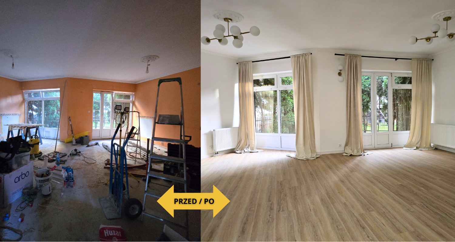 Zdjęcie 'przed i po' prezentujące metamorfozę pokoju: od stanu remontu z narzędziami po wykończone wnętrze z parkietem, białymi ścianami i zasłonami.