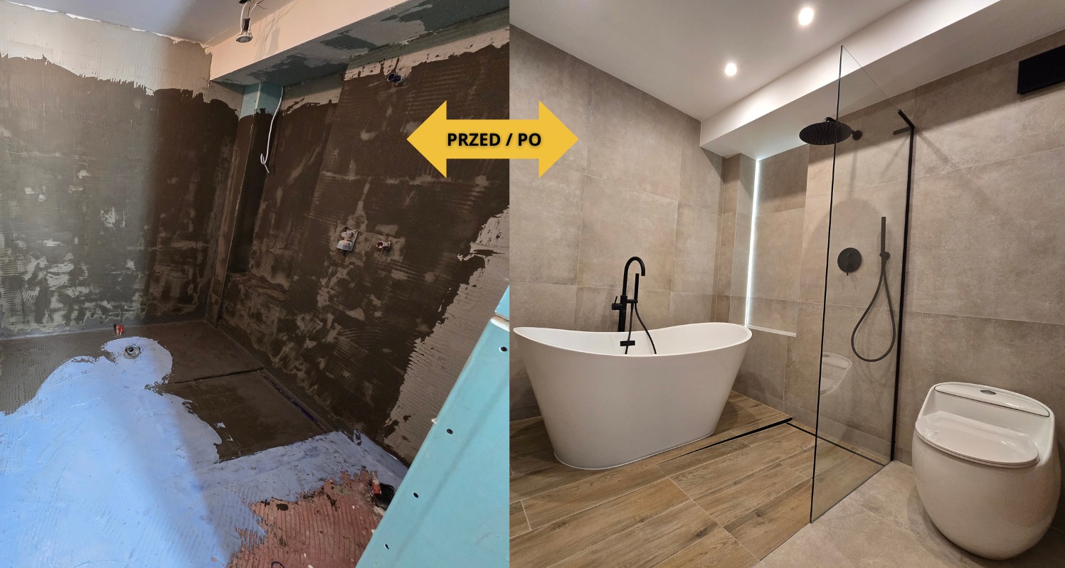 Remont łazienki: porównanie 'przed' z surową ścianą i 'po' z wanną, kabiną prysznicową i toaletą, wykończone w szarościach i bieli.