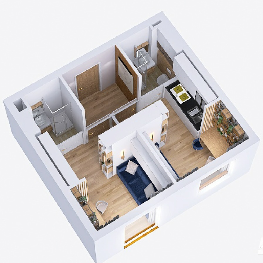 Rzut 3D mieszkania z umeblowaniem: salon z sofą, kuchnia, łazienka i sypialnia. Jasne drewno na podłodze, białe ściany. Widok z góry, perspektywa izometryczna.