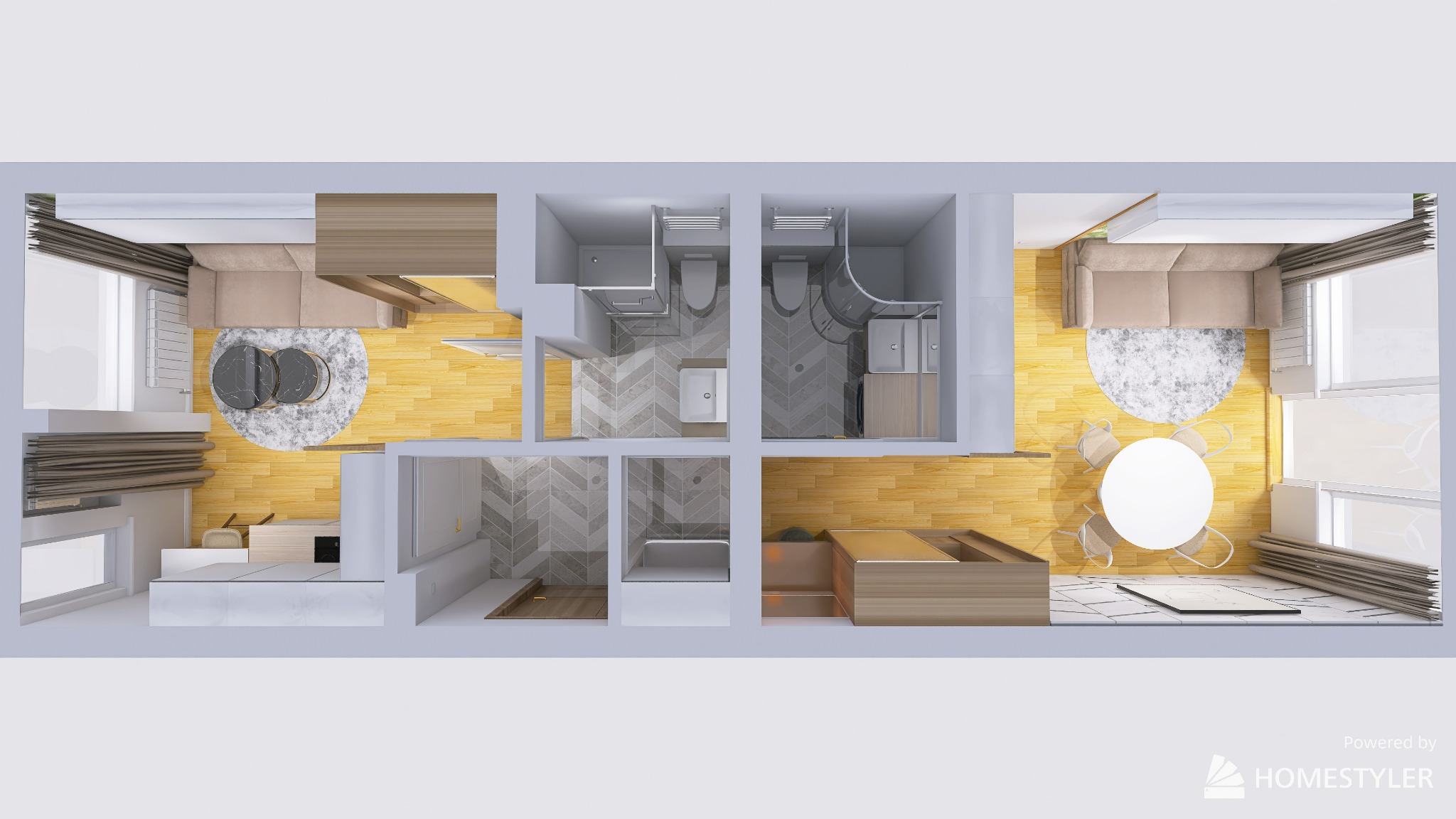 Plan mieszkania z góry: salon z sofą i stolikami, kuchnia, dwie łazienki z umywalkami, toaletami i wanną/prysznicem, drewniane podłogi, szare płytki w jodełkę.