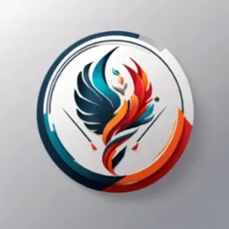 Abstrakcyjny, okrągły symbol z wizerunkiem stylizowanego ptaka z niebiesko-czarnymi i pomarańczowo-czerwonymi piórami, umieszczony na białym tle z obwódką w kolorach niebieskim, białym...