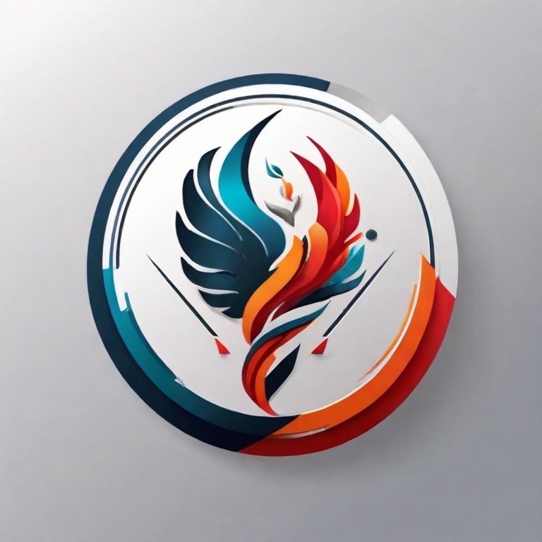 Abstrakcyjny, okrągły symbol z wizerunkiem stylizowanego ptaka z niebiesko-czarnymi i pomarańczowo-czerwonymi piórami, umieszczony na białym tle z obwódką w kolorach niebieskim, białym...