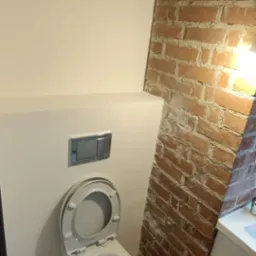 Nowoczesna toaleta wisząca z chromowanym przyciskiem spłukującym, obok ściana z czerwonej cegły, drewniana podłoga.