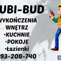 Wizytówka firmy Hubi-Bud oferującej wykończenia wnętrz, kuchni, pokoi i łazienek, z ilustracją uśmiechniętego budowlańca trzymającego wiertarkę.