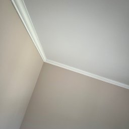 Firma Remontowo-Budowlana DAW-BUD Dawid Bala - Pomieszczenie po malowaniu: beżowe ściany i biały sufit z dekoracyjną listwą przysufitową. Czyste, równe powierzchnie, świeżo po remoncie. Ujęcie z dołu, widoczny narożnik.