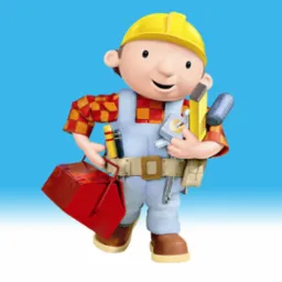 Animowana postać budowniczego w ż&oacute;łtym kasku, z czerwoną skrzynką narzędziową i narzędziami przy pasie na tle błękitnego nieba.