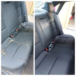 Clean-Fabric Profesjonalnie Pranie Tapicerki Meblowej i Samochodowej - Jakub Suchoń - Porównanie tylnej kanapy samochodowej przed i po czyszczeniu, widoczne różnice w kolorze i usunięte zabrudzenia.