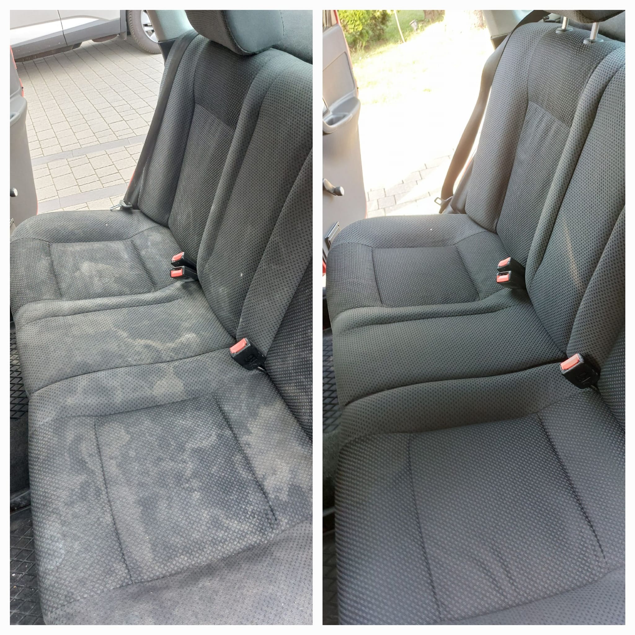 Porównanie tylnej kanapy samochodowej przed i po czyszczeniu, widoczne wyraźne różnice w czystości tapicerki.