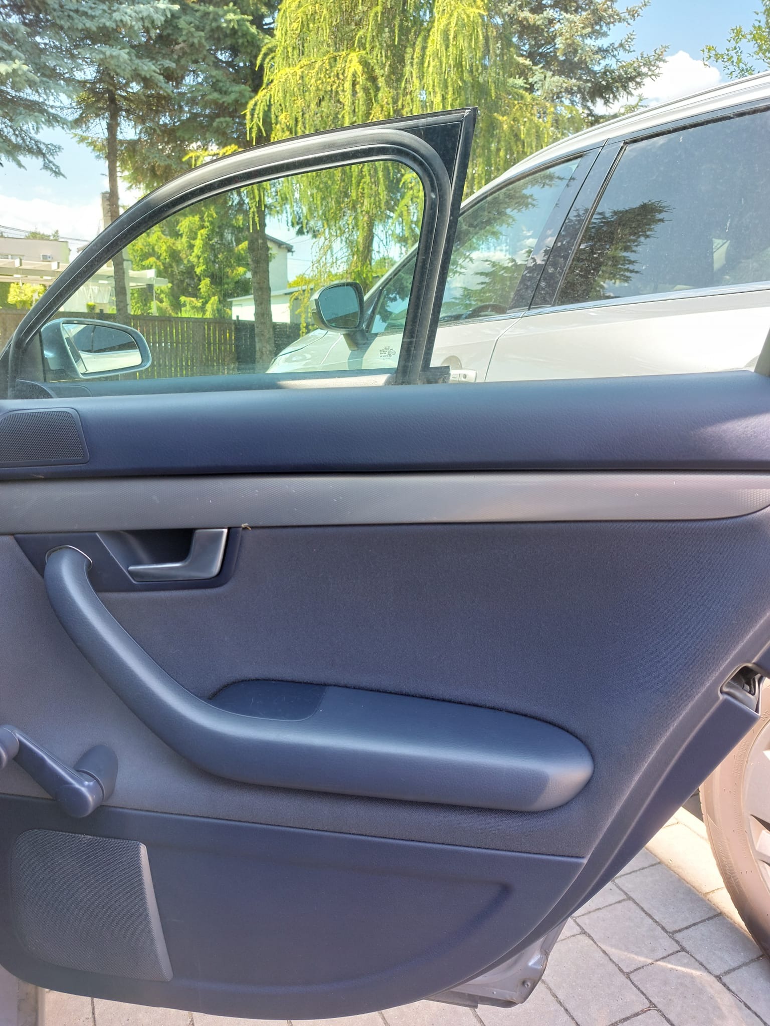 Wnętrze samochodu: otwarta tylna, niebieska tapicerka drzwi, widoczne drzewa i inny samochód przez okno.