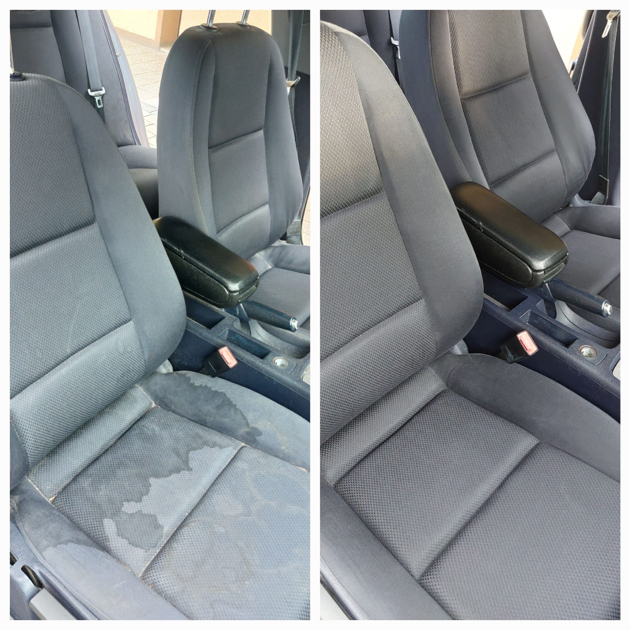 Porównanie: Czyszczenie tapicerki samochodowej - widoczne efekty przed i po, z plamą na siedzisku po lewej stronie i czystą tapicerką po prawej.