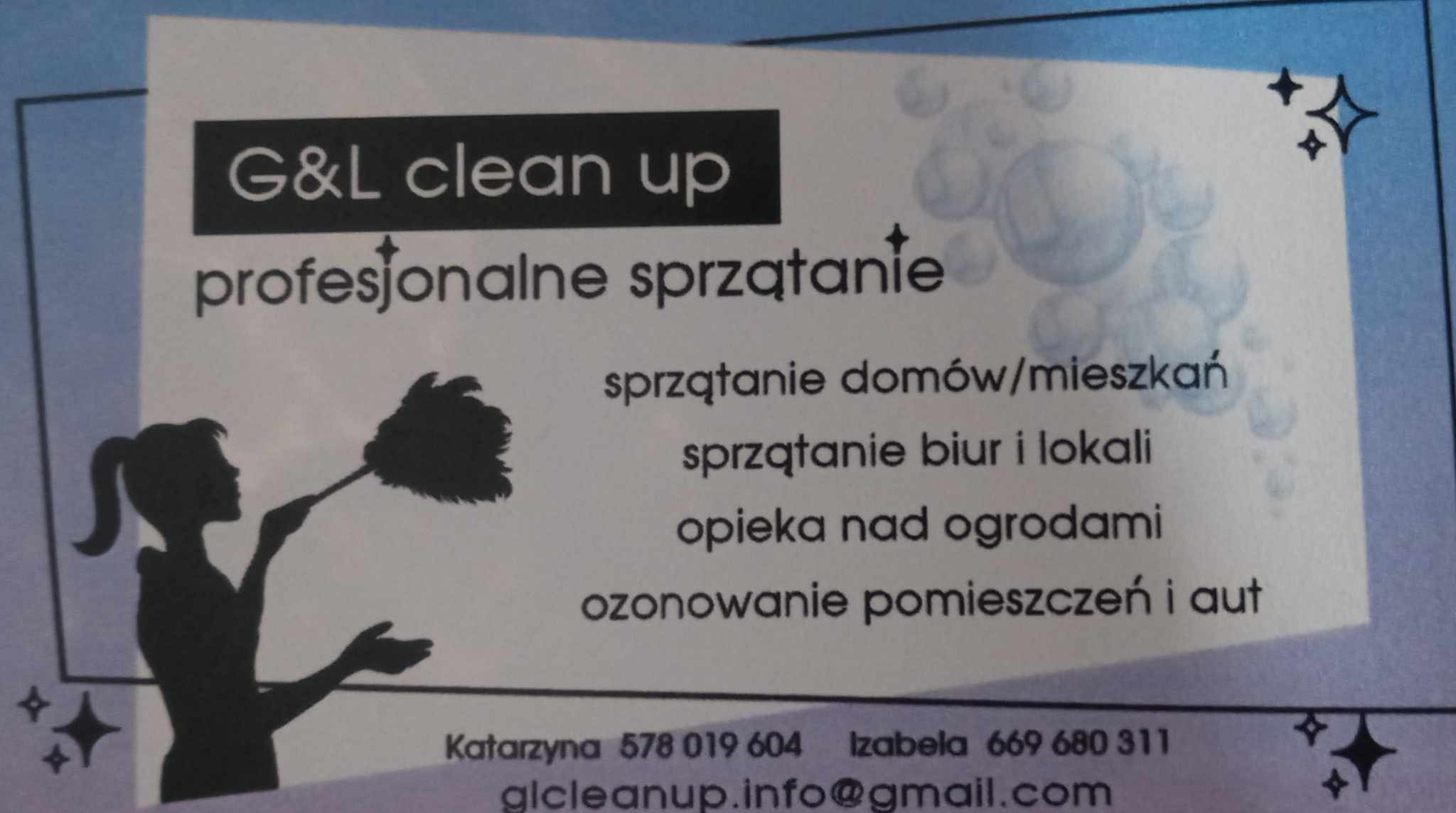 Wizytówka firmy G&L clean up z sylwetką kobiety czyszczącej meble miotełką z piór, oferującej profesjonalne sprzątanie domów, biur, opiekę nad ogrodami i ozonowanie pomieszczeń.