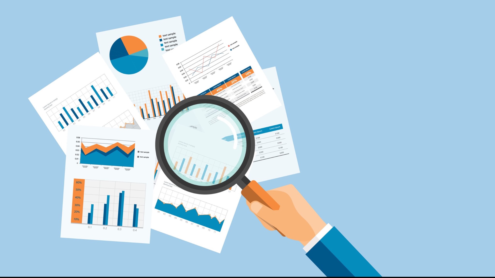 Analiza danych biznesowych: Ręka trzyma lupę nad stosem dokumentów z wykresami słupkowymi, kołowymi i liniowymi, ukazującymi wyniki finansowe i statystyki.