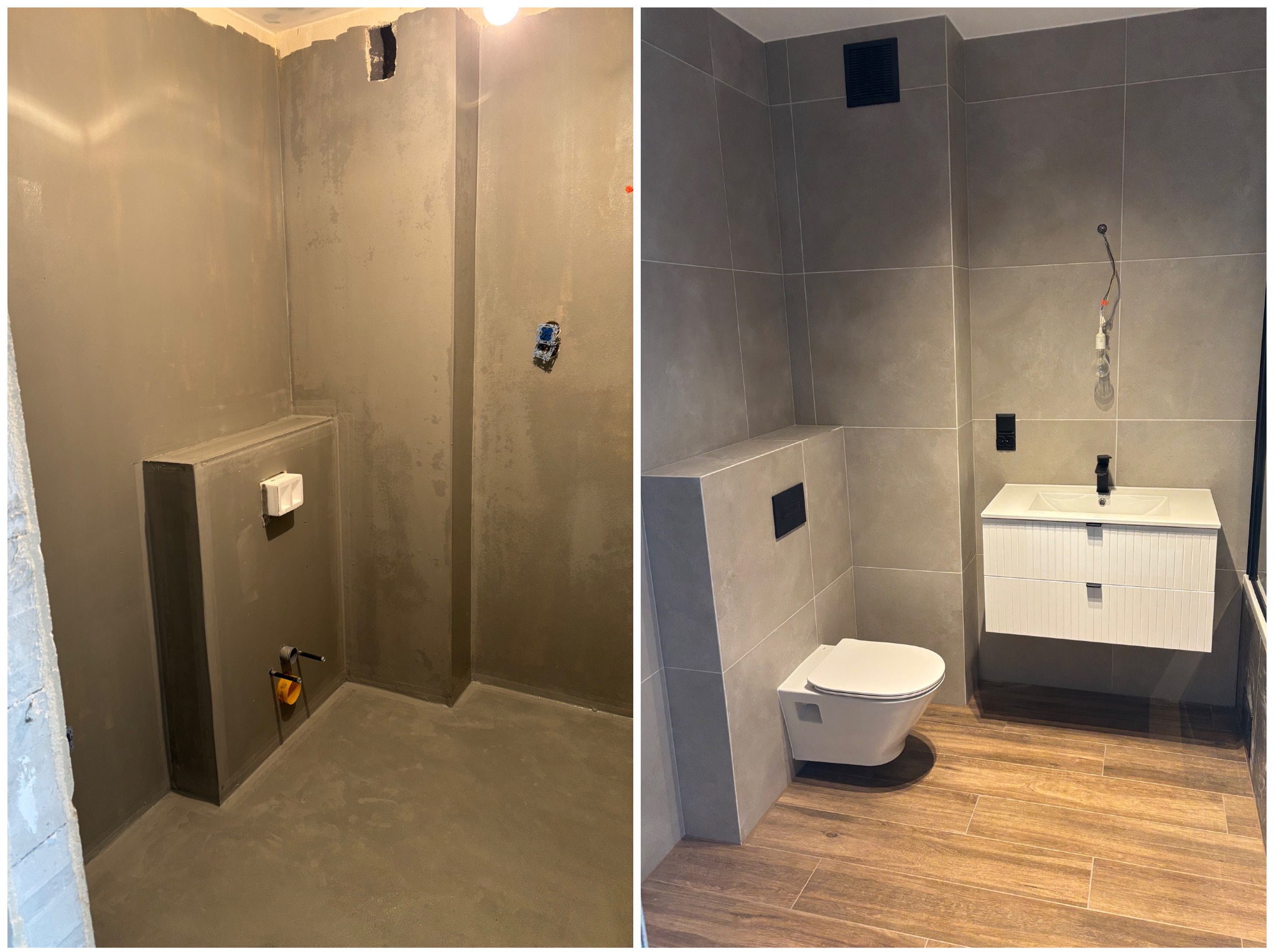 Porównanie stanu łazienki: surowe ściany przed wykończeniem i nowoczesna, szara łazienka z drewnopodobną podłogą, wiszącą toaletą i szafką z umywalką.