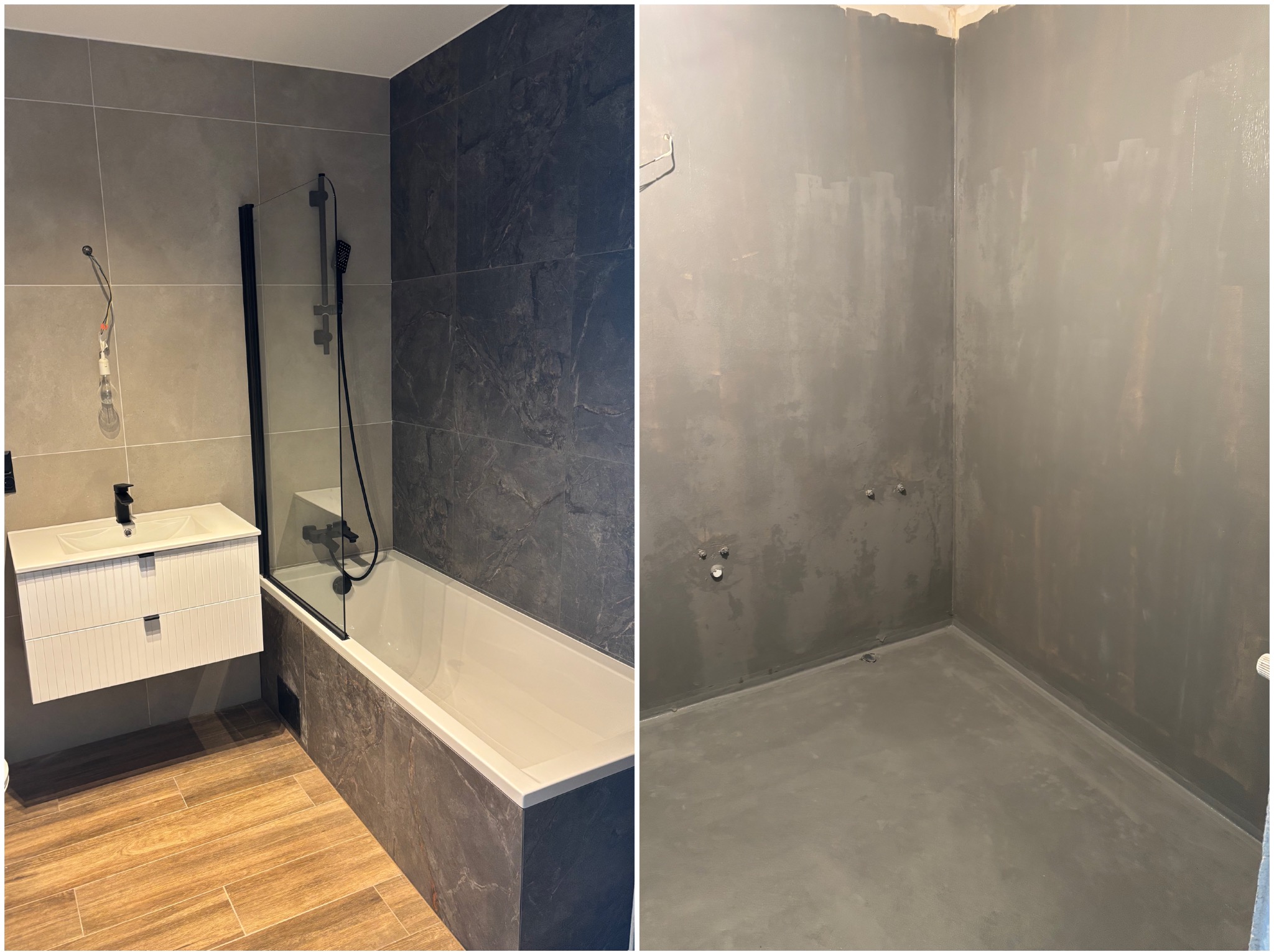 Zdjęcie łazienki przed i po remoncie. Po lewej wykończona z wanną, umywalką i drewnopodobną podłogą, po prawej surowe ściany i podłoga po wylewce.