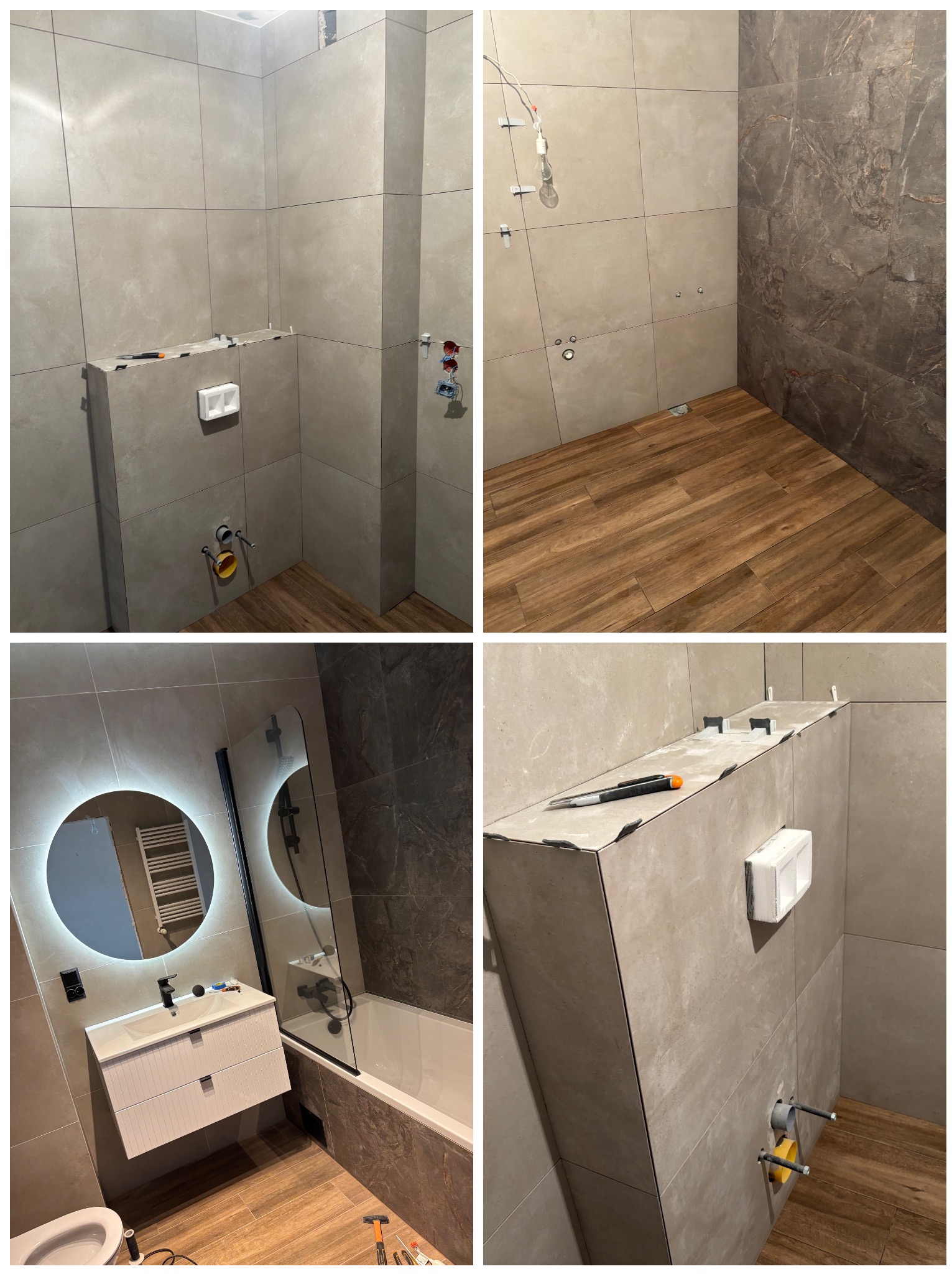 Kafelkowanie łazienki: beżowe i marmurowe płytki, podwieszana toaleta, okrągłe lustro z podświetleniem, drewnopodobna podłoga. Częściowo widoczna wanna.